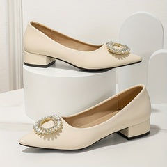 Rhinestone Decor Slip-On Block Heel Shoes Point Toe Soft Sole Glitter