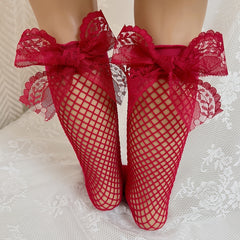 Girls Fishnet Lace Bow Over Calf Socks