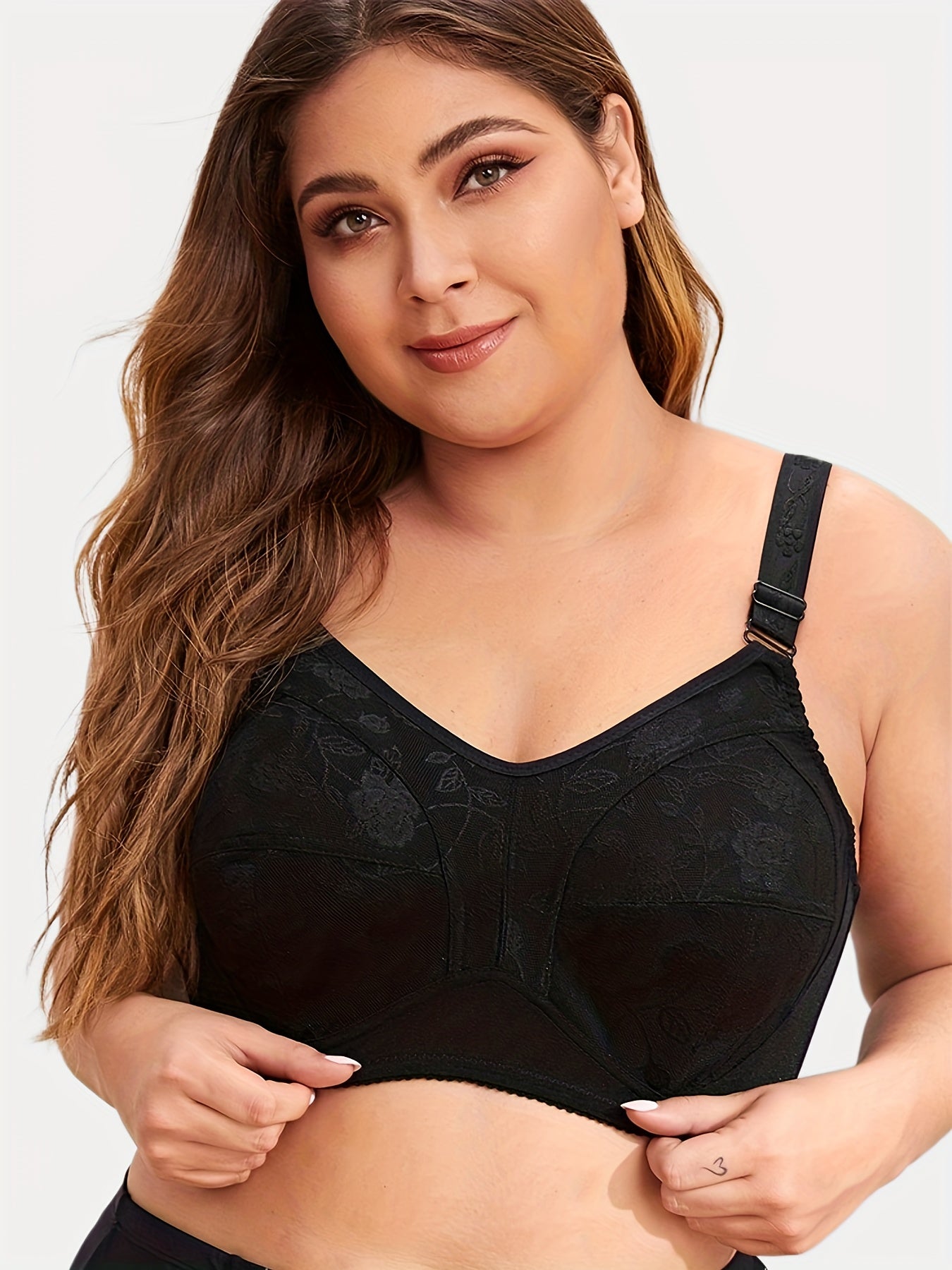Plus Size Floral Jacquard Full Cover Wireless Mesh Bra