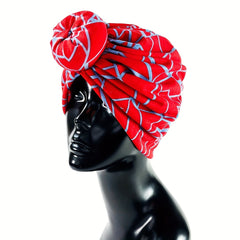 Red Boho Donut Turban Cap Stripe Print Elastic Head Wrap
