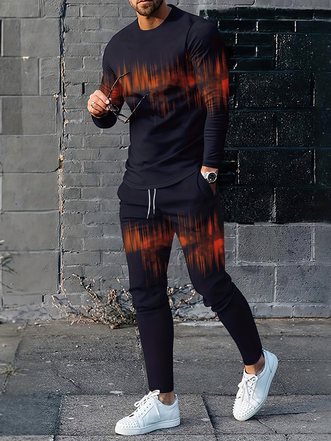 Colorful Pattern Men's Casual Sweatshirt & Sweatpants Set