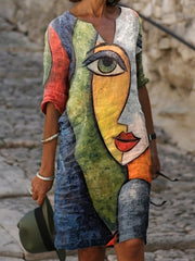 Abstract Face Print Dress Casual V Neck Half Sleeve Dress