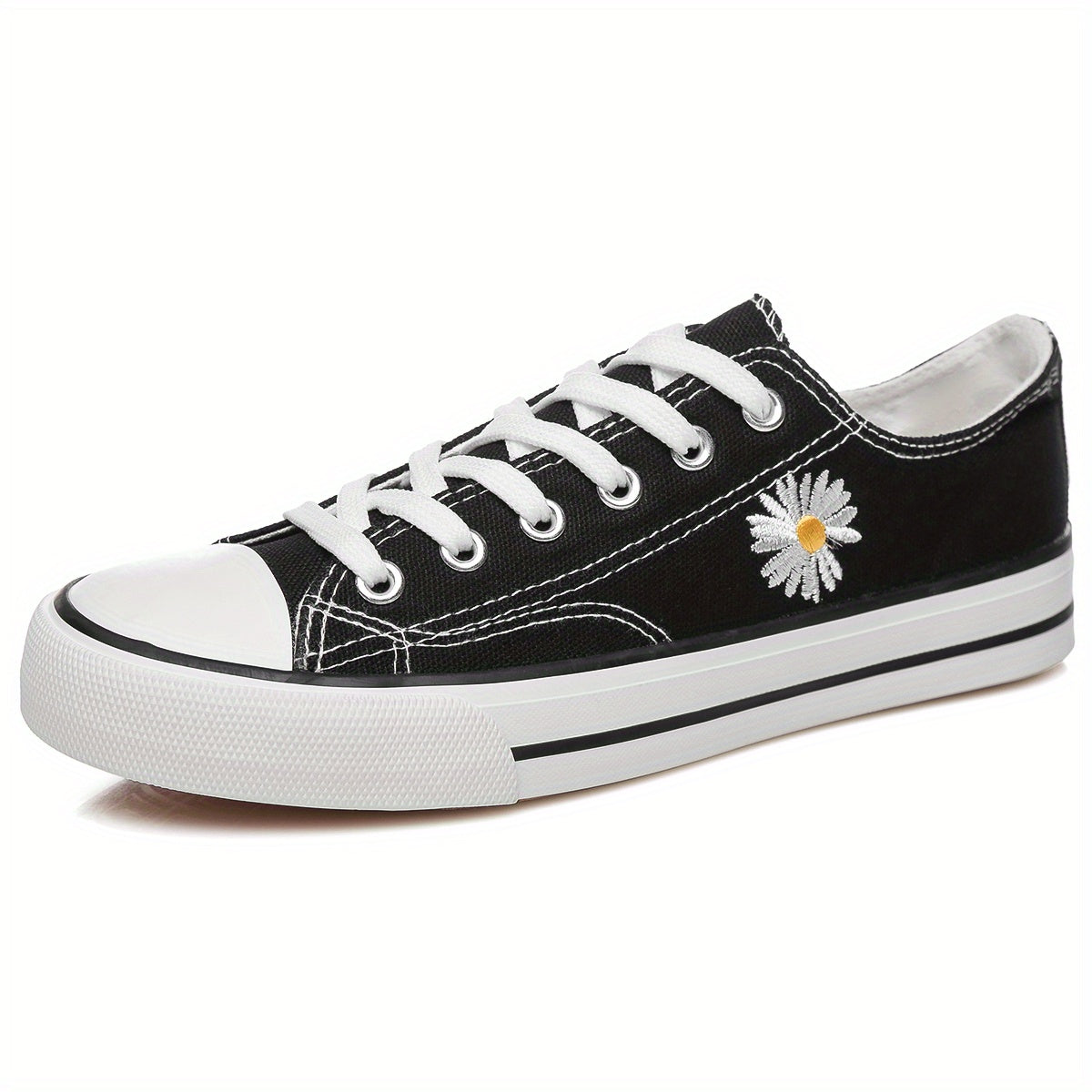 Women's Daisy Embroidered Canvas Sneakers Lace Up Flat Shoes