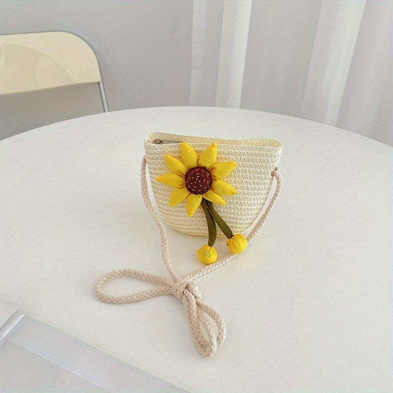 Girls Sunflower Straw Bag Crossbody Messenger Coin Purse