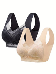 Floral Lace Full Coverage Sports Bra For Women, Breathable Push Up Yoga Bra