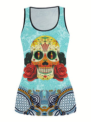 Halloween Casual Outfits 2 Piece Set Skull & Floral Tank Top Leggings