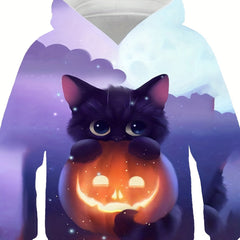 Boy's Halloween Cat Graphic Hoodie Casual 3D Print Hooded Sweatshirt