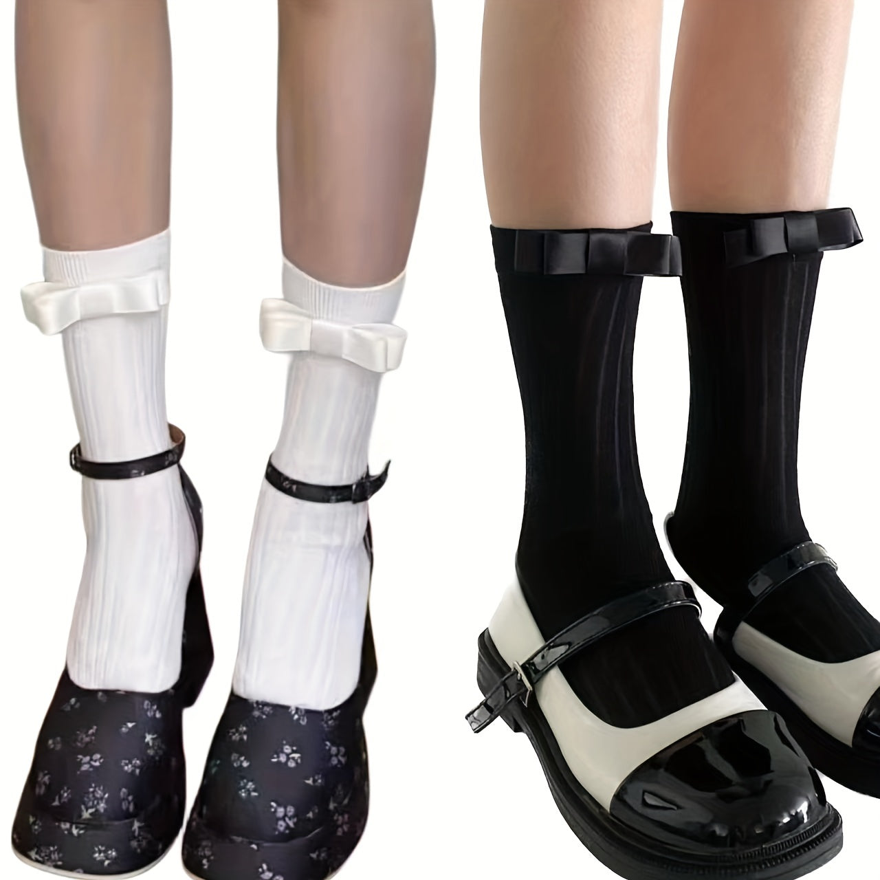 3 Pairs Ribbed Bow Decor Socks, Comfy & Breathable Mid Tube Stockings