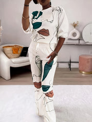 Sketch Face Print 2pc Set Crew Neck Long Sleeve Tops & Wide Leg Pants Outfits