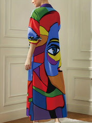 Abstract Face Print Dress Boho V Neck Long Sleeve Maxi Dress Women's Clothing