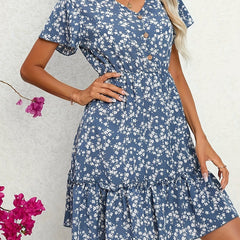 Casual Dress Women's Plus Ditsy Print Button Decor Short Sleeve V Neck