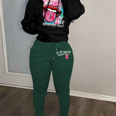 Lip & Slogan Print Hoodie & Joggers 2 Piece Set