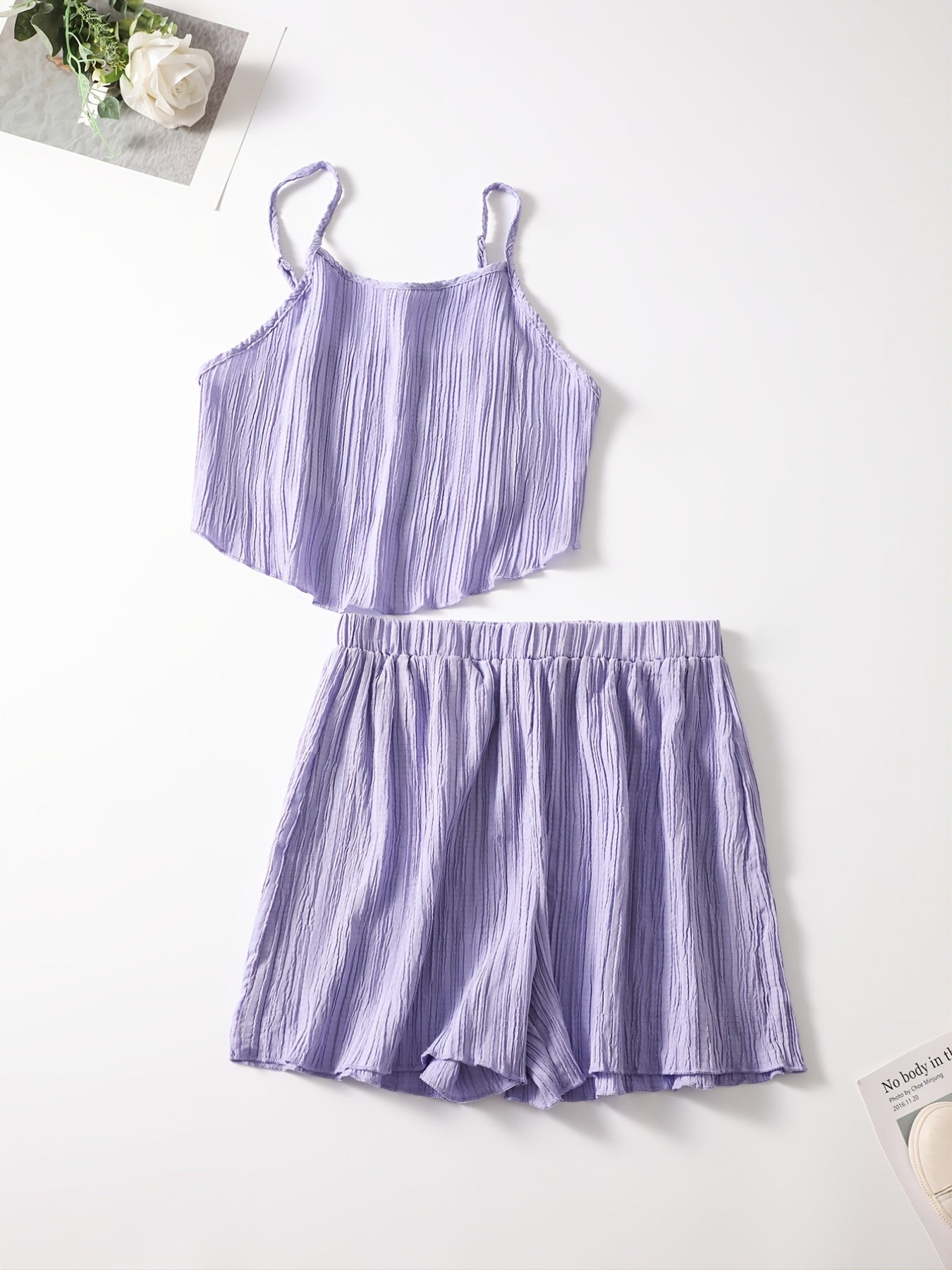 2pcs Set Crop Cami Top & Solid Shorts