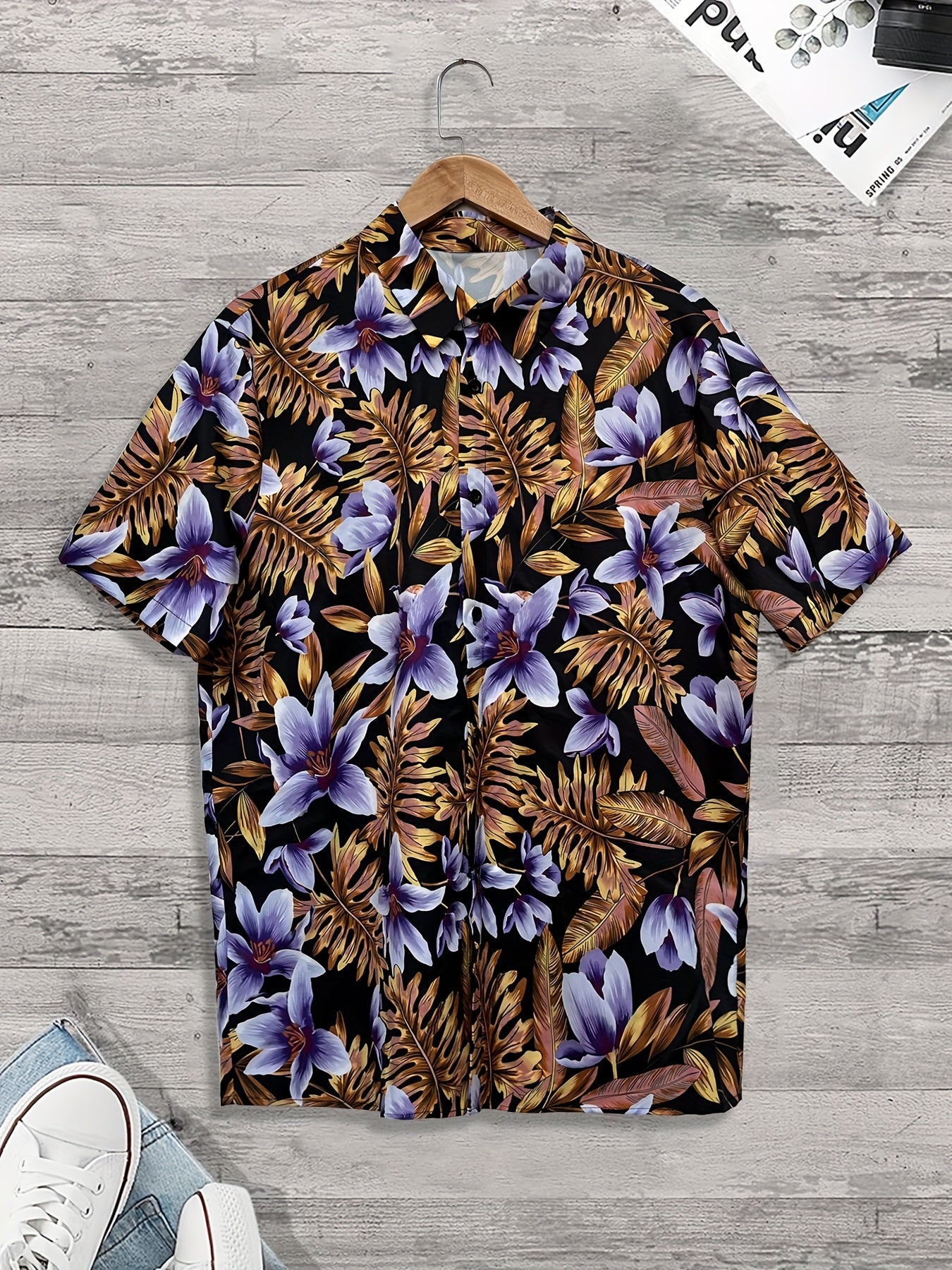 Tropical Leaf & Flower Print Men's Hawaiian Shirt