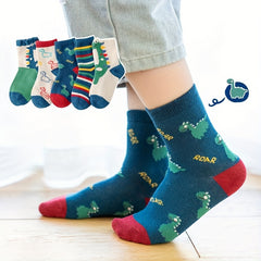 5 Pairs Kids Dinosaur Pattern Sports Socks for Spring and Autumn