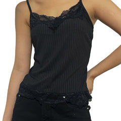 Floral Lace Trim Cami Top Y2K Crew Neck Sleeveless Top