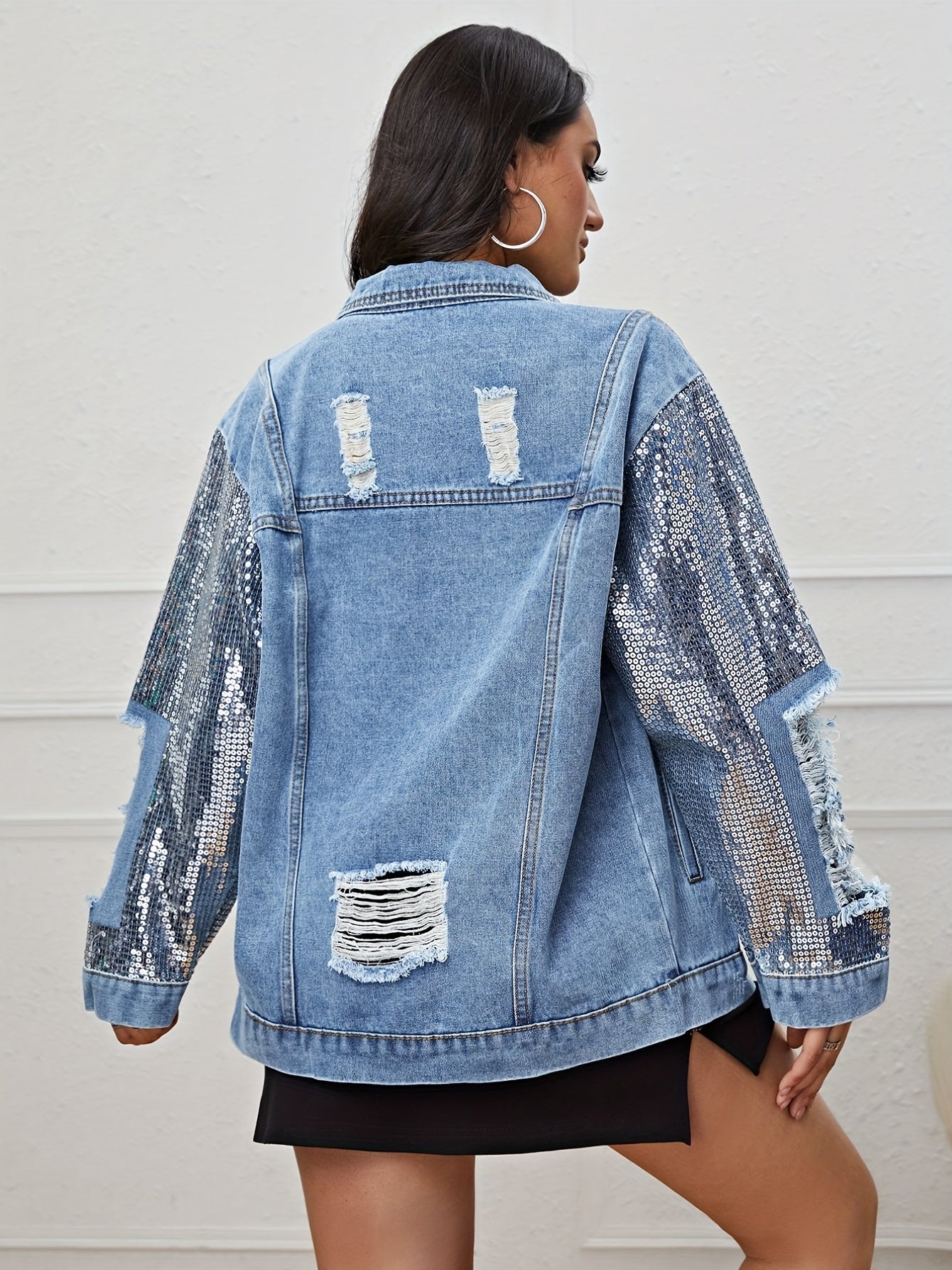 Sequin Long Sleeve Oversized Denim Jackets Flap Pocket Loose Fit