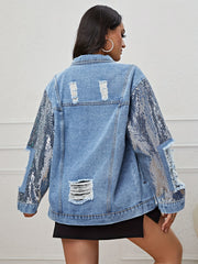 Sequin Long Sleeve Oversized Denim Jackets Flap Pocket Loose Fit