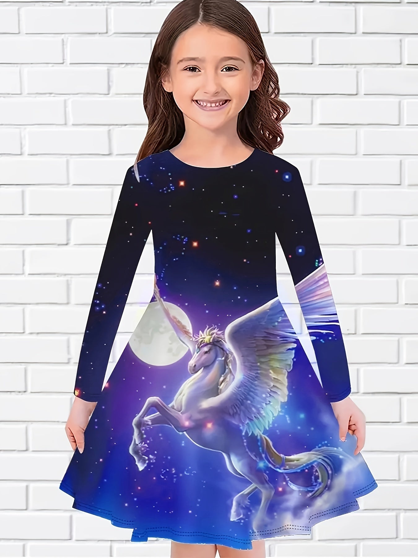 Girls Unicorn Print Long Sleeve Dress For Party Kids Clothes