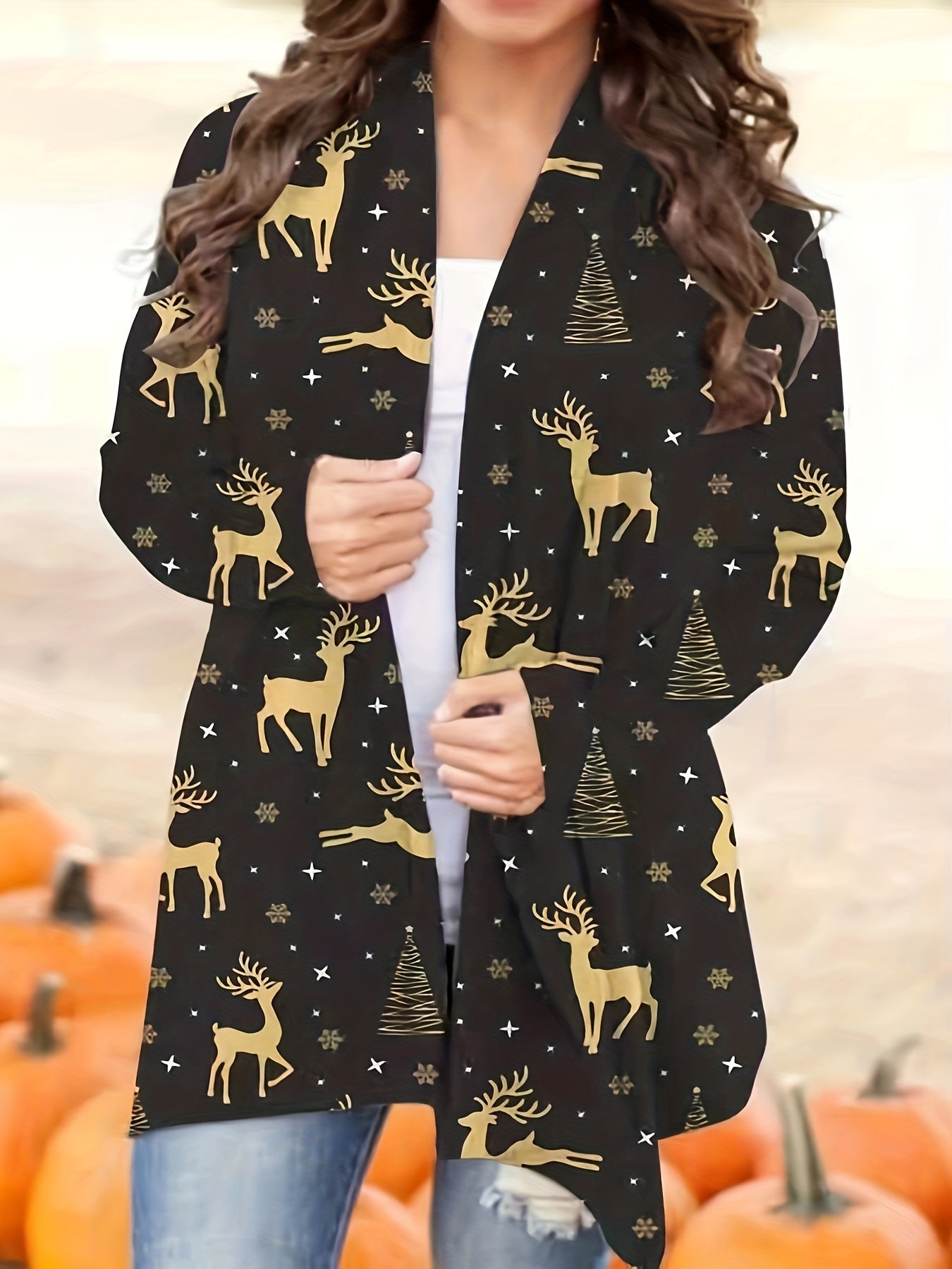 Christmas Casual Cardigan - Tree & Elk Print Long Sleeve