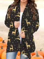 Christmas Casual Cardigan - Tree & Elk Print Long Sleeve
