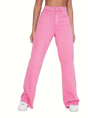 Pink High Waist Straight Jeans Loose Fit High Rise Non Stretch Denim Pants