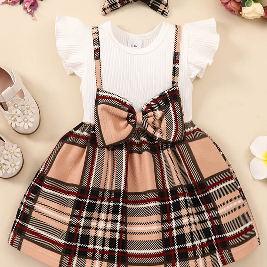 Baby Girls Block Plaid Bow knot Ruffle Sleeve Dress & Headband