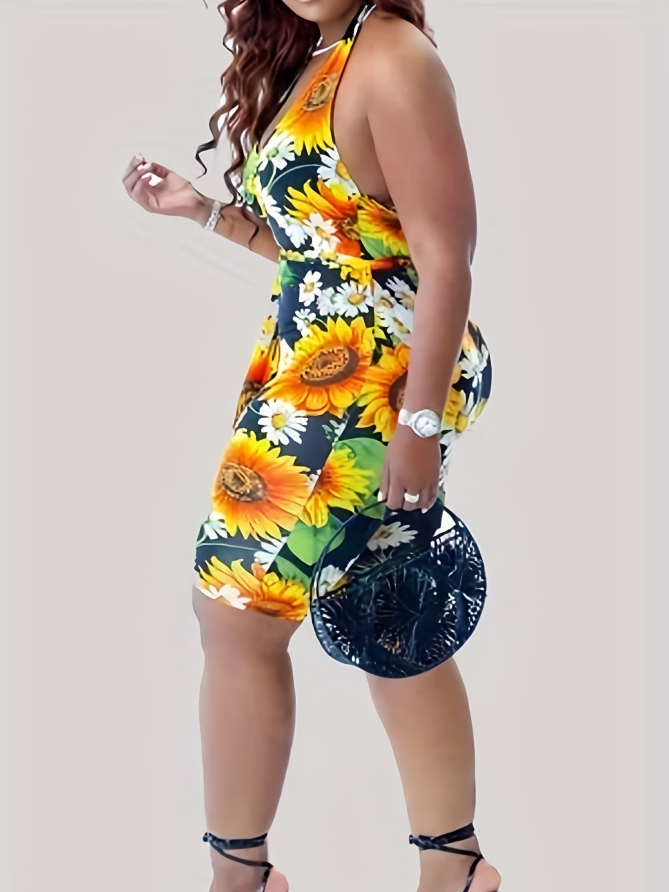 Sunflower Print Halter Neck Skinny Romper With Belt