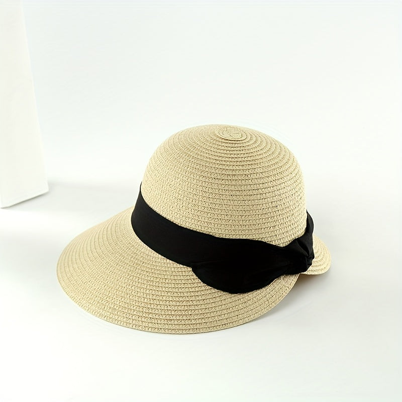 Bowknot Split Straw Sun Hat Wide Brim UV Protection Travel Beach Hats