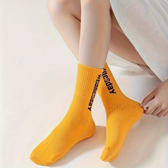 5 Pairs Women's Plus Crew Socks Set with Letter Graphic
