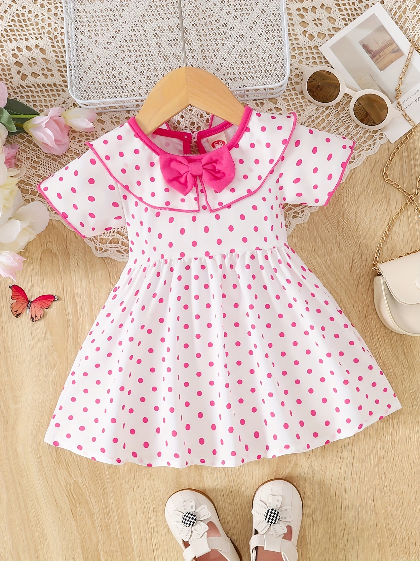 Baby Girl's Polka Dot Print Bow Short Sleeve Dress Toddler Clothes