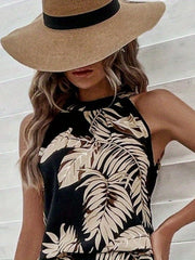 Feather Print Halter Neck Top Sleeveless Summer Casual Wear
