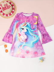 Cartoon Kitty & Rainbow Long Sleeve Dress for Girls