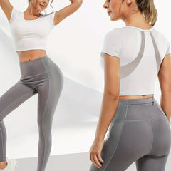Stylish Solid Back Mesh Crop T Shirt for Yoga Running