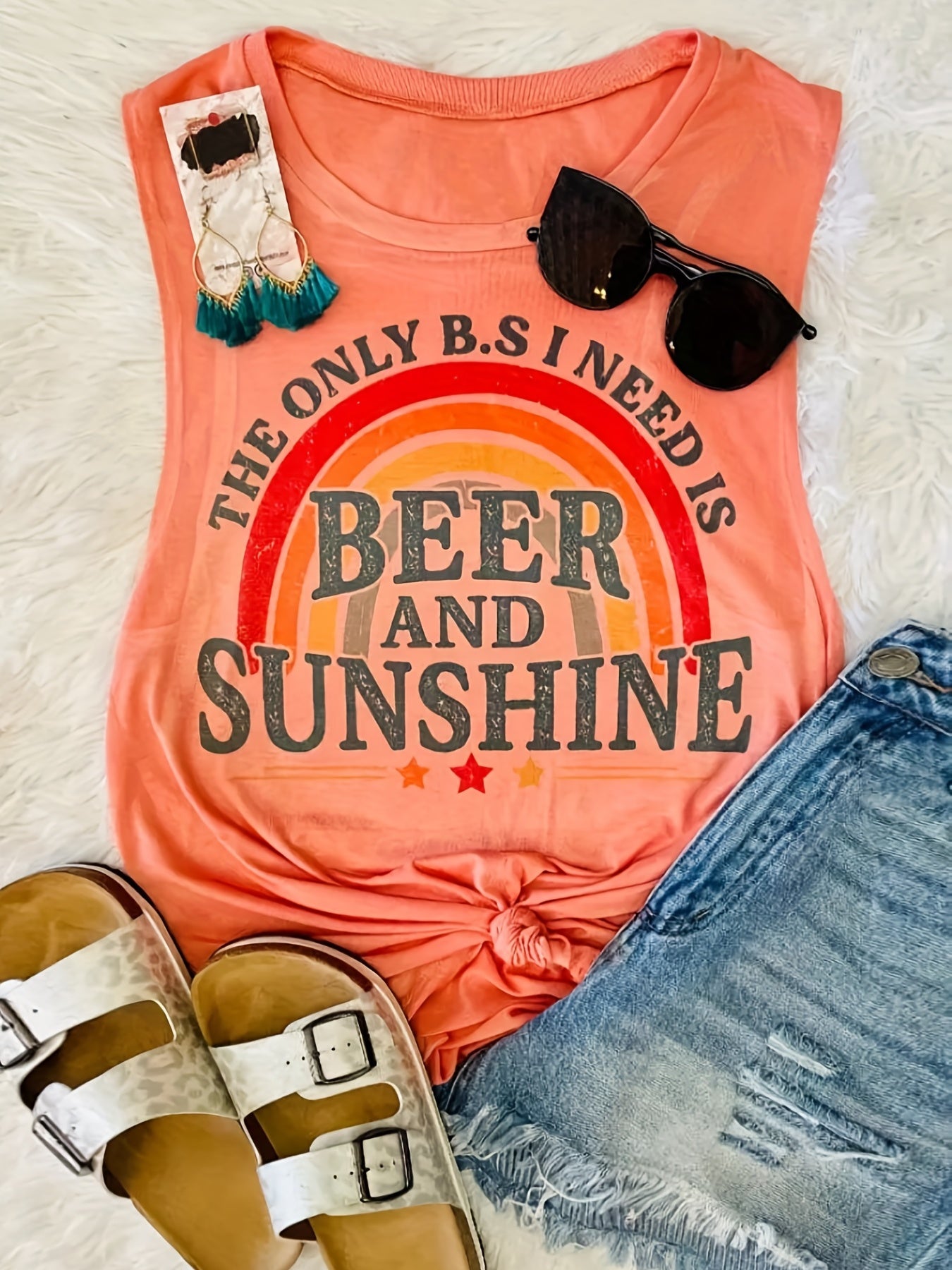 Rainbow Print Tank Top Round Neck Medium Stretch