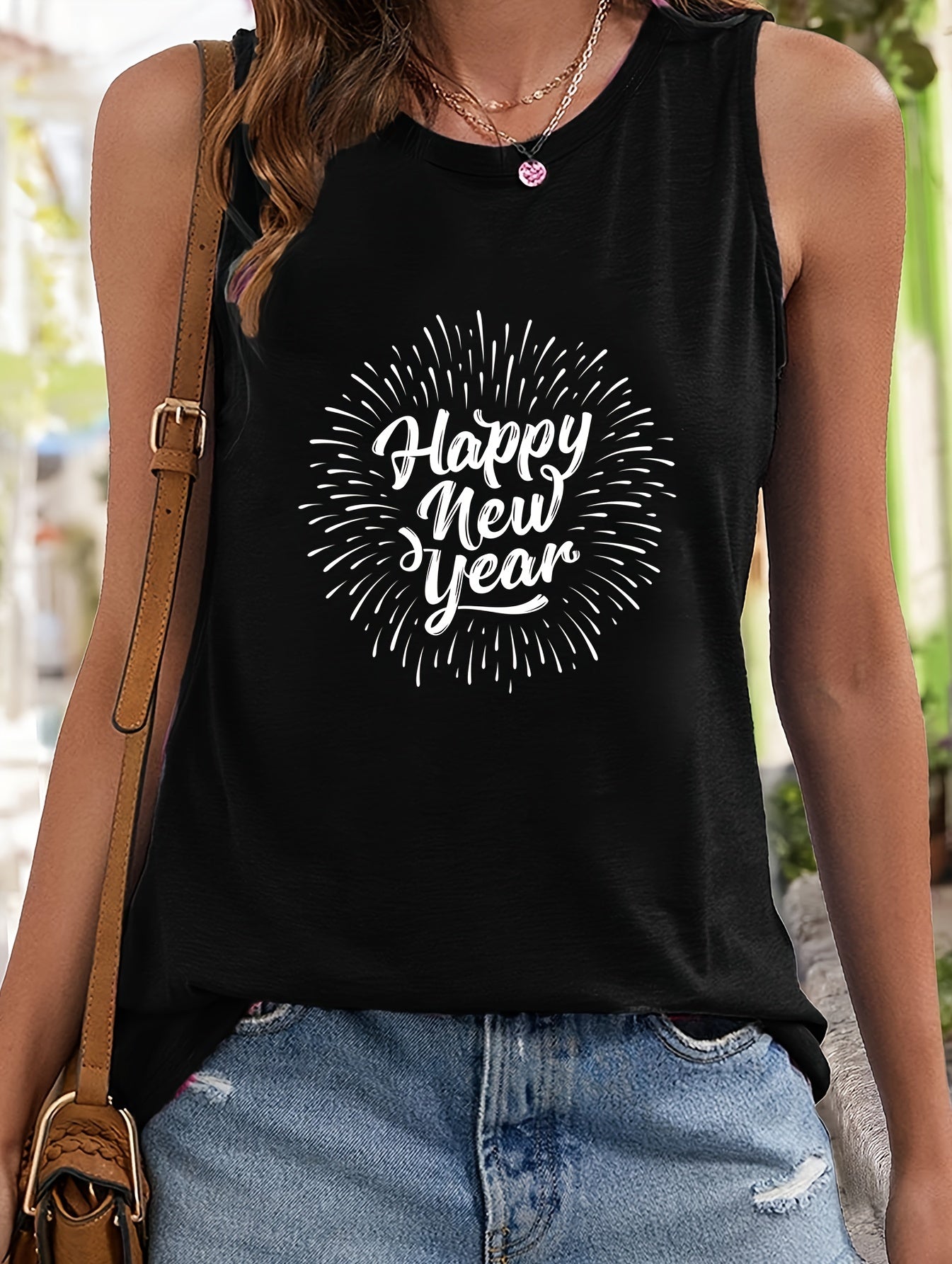 Year & Firework Sleeveless Vest Stretchy Casual Top