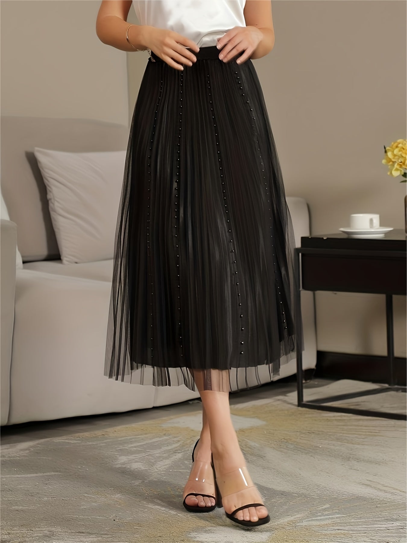 Beaded Mesh A Line High Waist Skirt Solid Pleated Women's Clothing