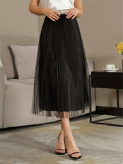 Beaded Mesh A Line High Waist Skirt Solid Pleated Women's Clothing