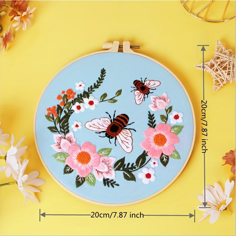 Flower Bee Embroidery Kit with Hoop DIY Cross Stitch Set