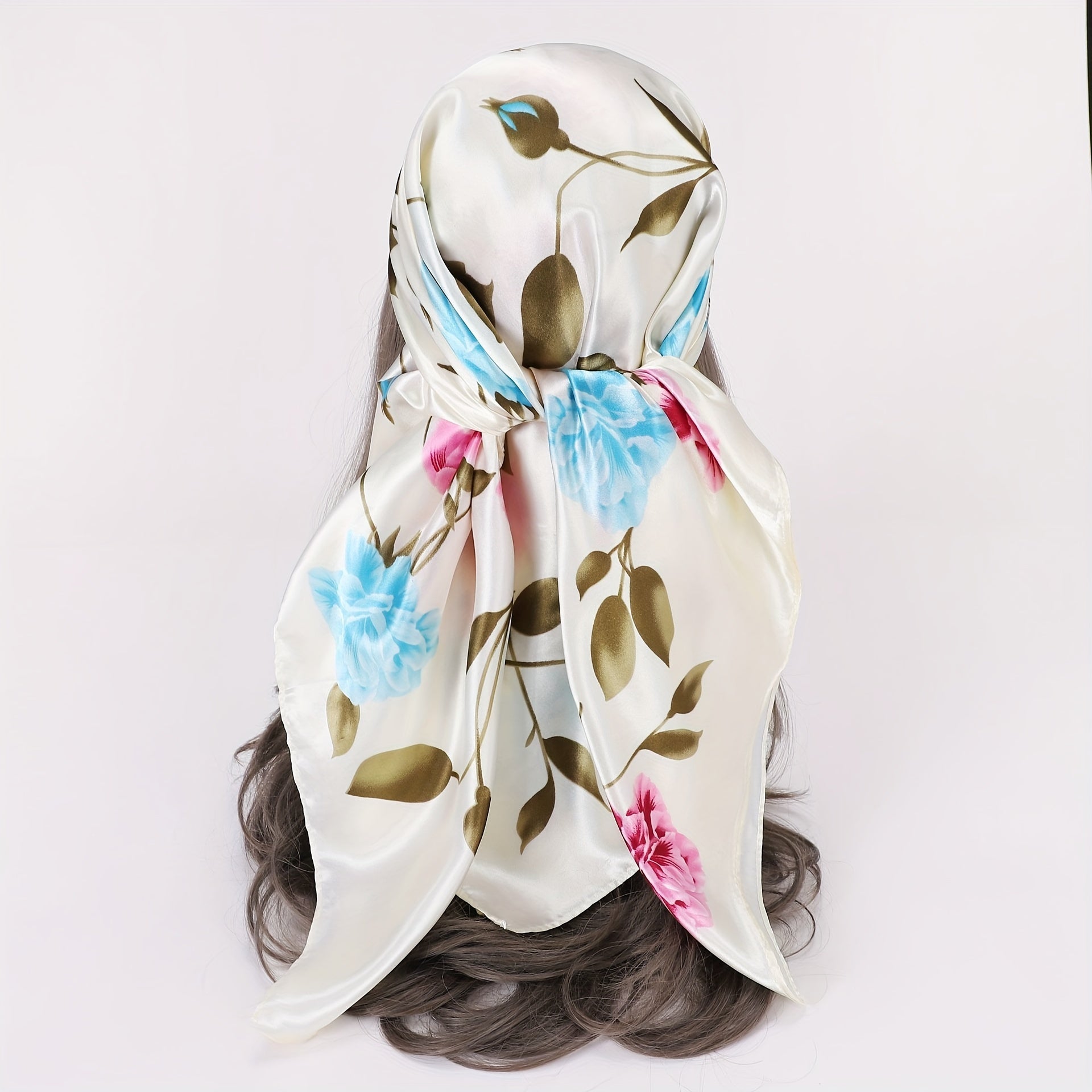 Rose Print Bandana Satin Shawl Silk Square Scarf Women Head Wrap Turban