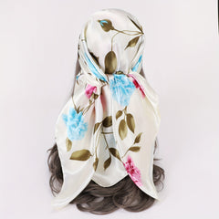 Rose Print Bandana Satin Shawl Silk Square Scarf Women Head Wrap Turban