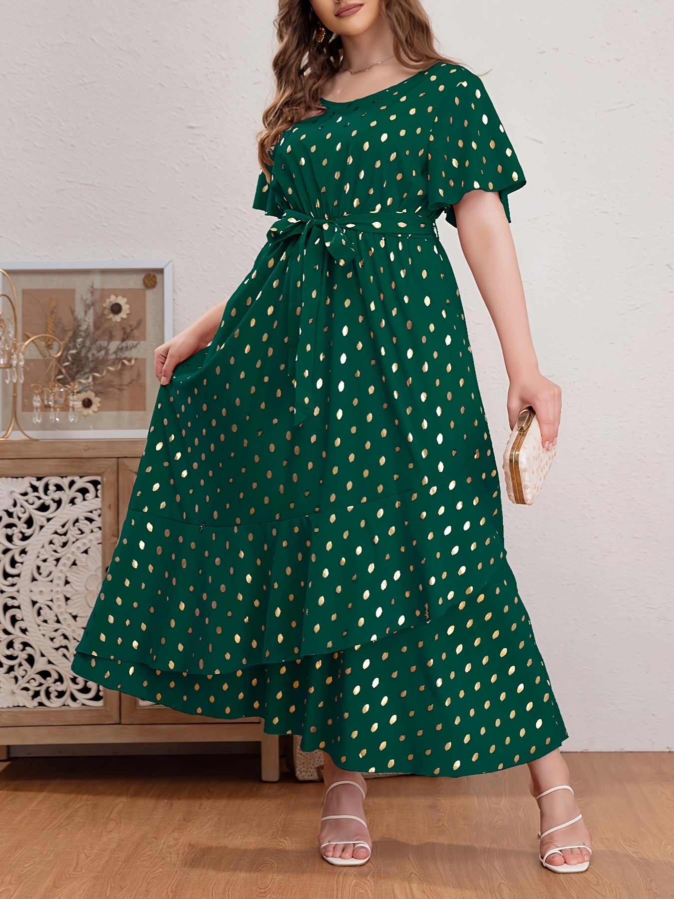 Women's Plus Golden Dot Print Maxi Dress with Belt
