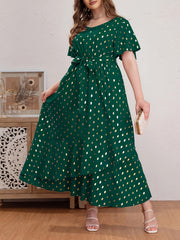 Women's Plus Golden Dot Print Maxi Dress with Belt