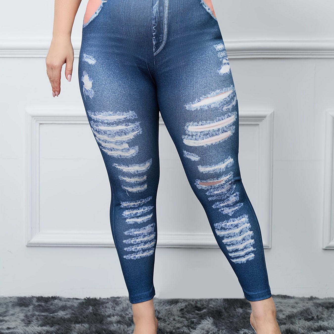 Button & Ripped Denim Print High Rise Skinny Leggings