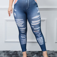 Button & Ripped Denim Print High Rise Skinny Leggings