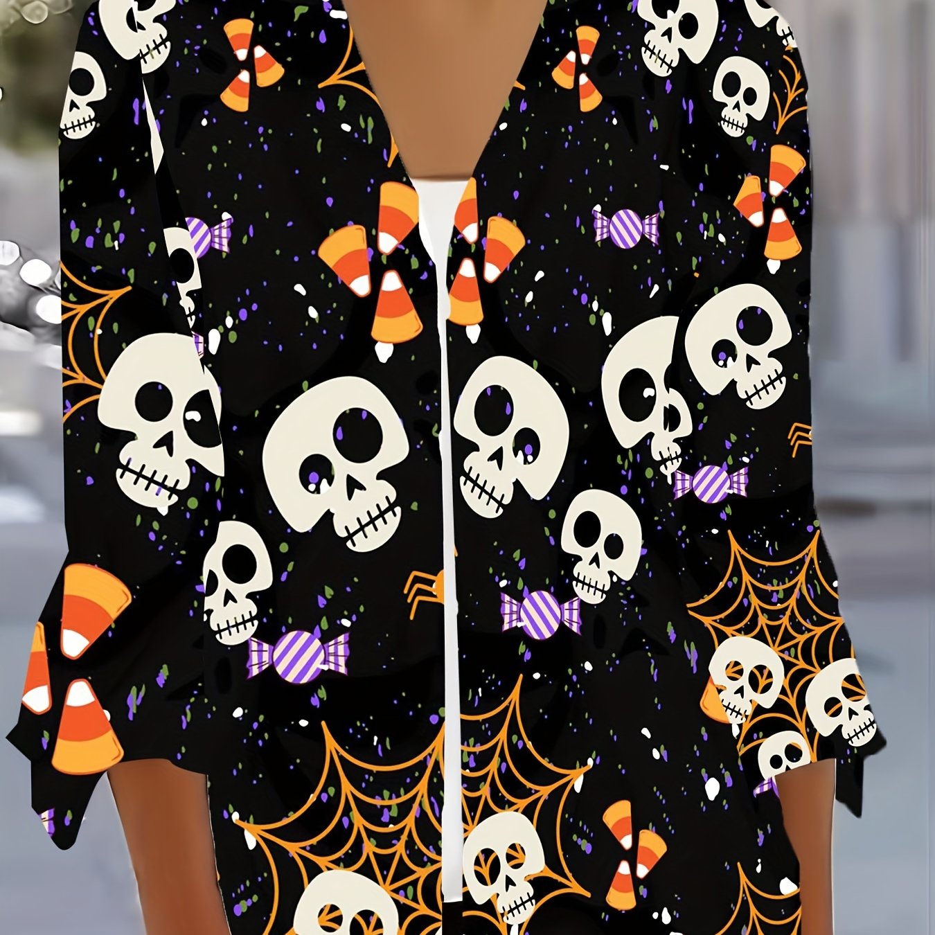 Web & Skull Print Bell Sleeve Cardigan