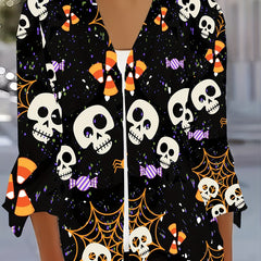 Web & Skull Print Bell Sleeve Cardigan