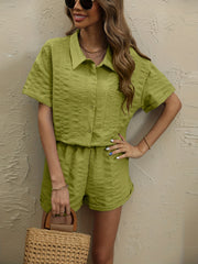 Textured Blouse Set Button Short Sleeve Blouse & Elastic Shorts