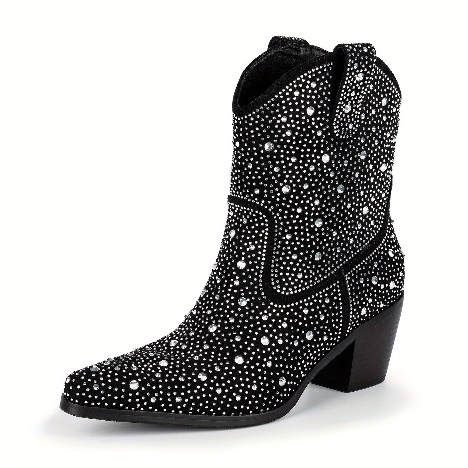 Women's Rhinestone Cowboy Boots Pointed Toe Chunky Heel Dress Boots