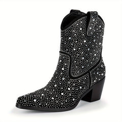 Women's Rhinestone Cowboy Boots Pointed Toe Chunky Heel Dress Boots